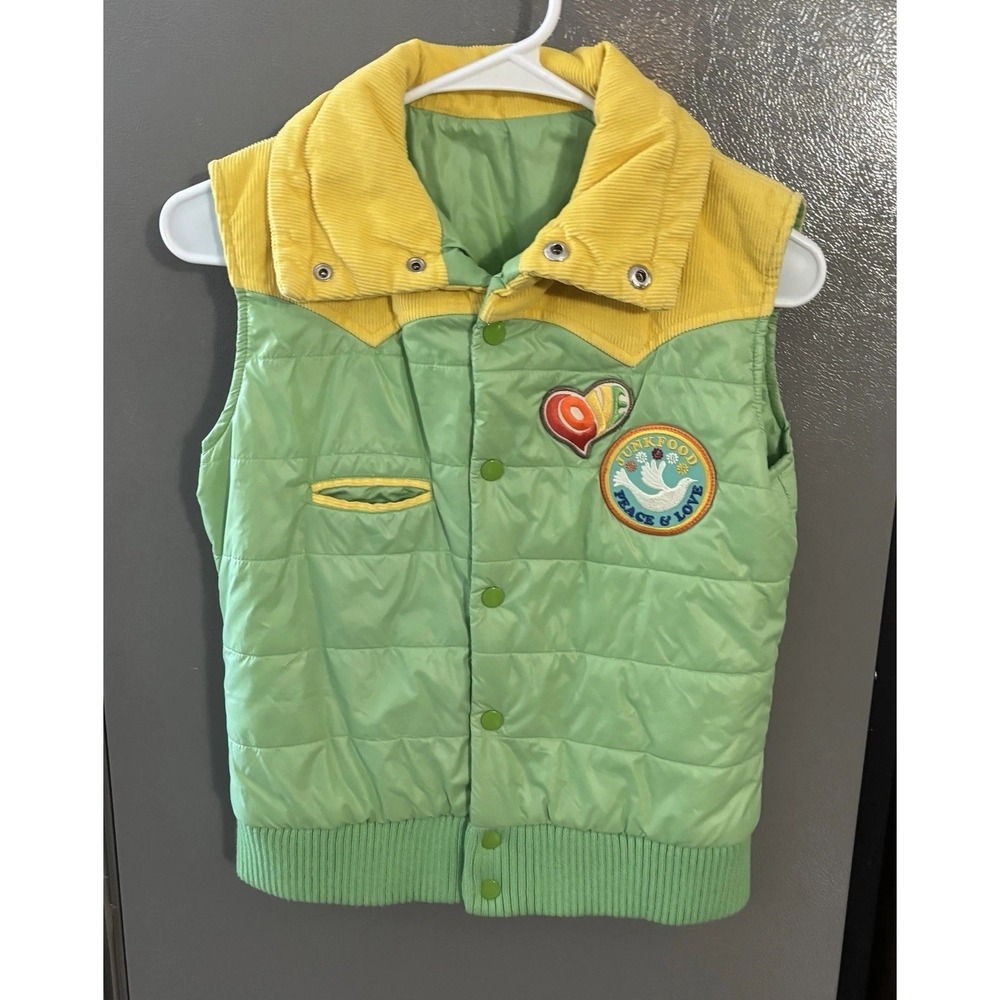 VINTAGE Y2K JUNK‎ FOOD Women's Large Colorblock Puffer Vest Peace & Love Grail